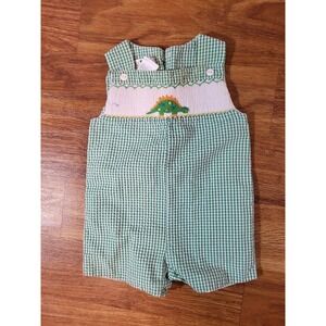 Boys Size 3 M Petit Ami Gree  Gingham Smocked Dinosaur Romper